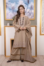 A person is dressed in a traditional beige outfit featuring intricate embroidery and embellishments. The attire consists of a long top, loose pants, and a matching dupatta. The individual is standing in a room with a light color palette, and a framed picture of palm trees against a bright sky is displayed in the background. The setting includes a decorative element with gold accents and a light wooden floor. The person has long, wavy hair styled elegantly and is wearing statement earrings and a necklace.