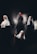 A group of individuals wearing religious habits are positioned in a dimly lit setting, evoking a sense of mystery and solemnity. One holds a cross, gazing upward, while another looks contemplatively to the side. The others stand or sit in a ghostly mist, adding a surreal quality.