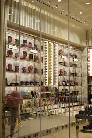 A brightly lit retail store display showcasing a variety of colorful packaged products. The shelves are filled with items like chocolates, candies, and gift boxes. Large glass windows allow a view of the interior, which is organized with sections labeled 'Bestsellers' and 'Heritage'. Decorative elements such as an oversized pink ice cream cone and elegant wallpaper enhance the visual appeal.