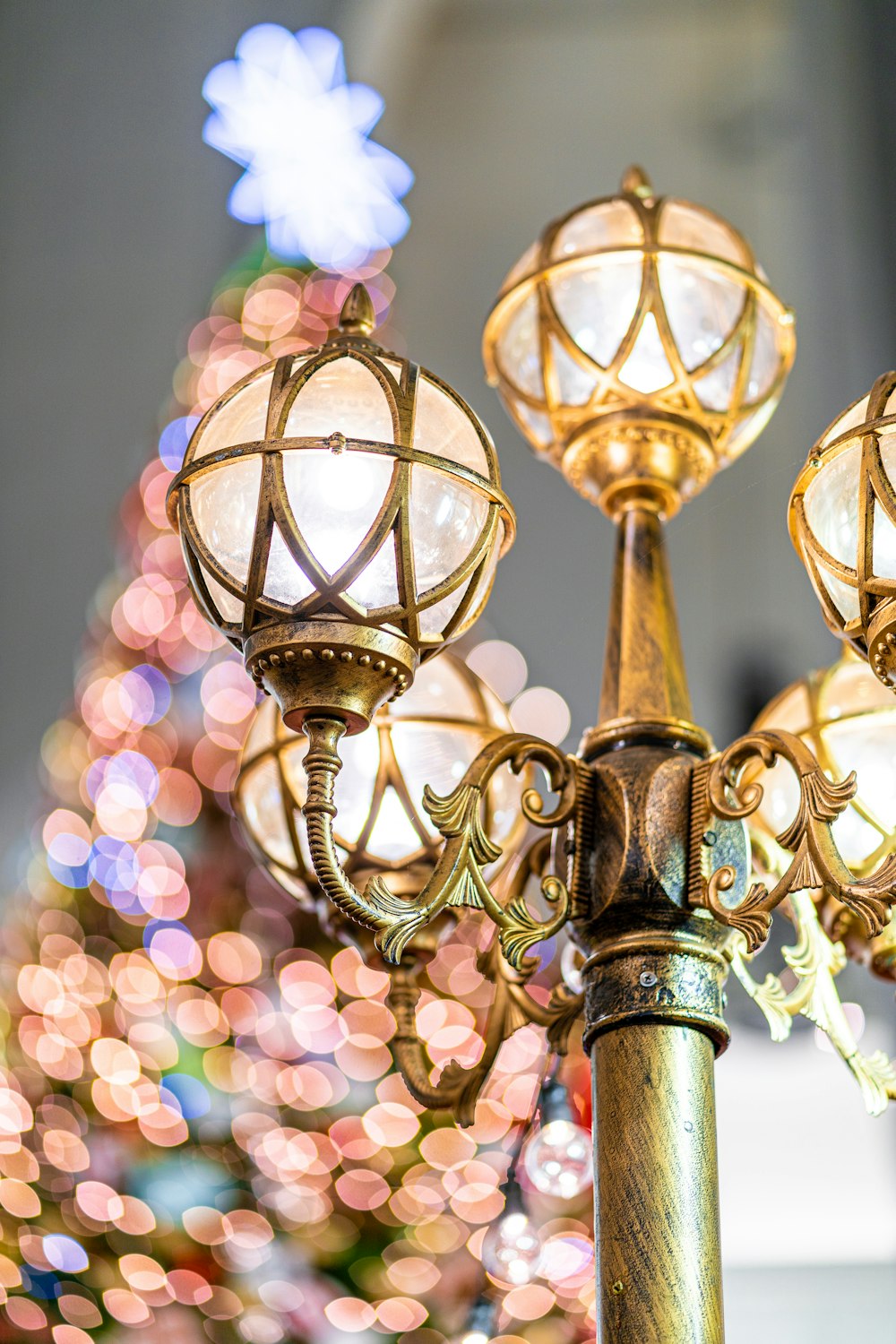 a close up of a street light with a christmas tree in the background