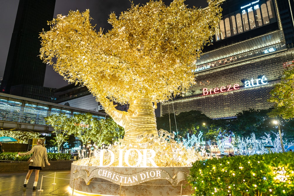 a lighted tree in the middle of a plaza