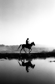 A silhouette of a person riding a horse along a path with a reflective surface in the foreground, possibly water. The background features a clear sky with gentle gradients, and the overall setting seems tranquil with natural elements like distant hills or mountains.