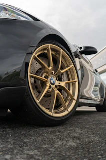 A close-up of a limousine’s polished wheel reflecting the city skyline.