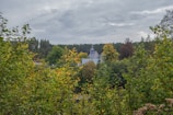 A serene landscape showing a church building surrounded by nature.