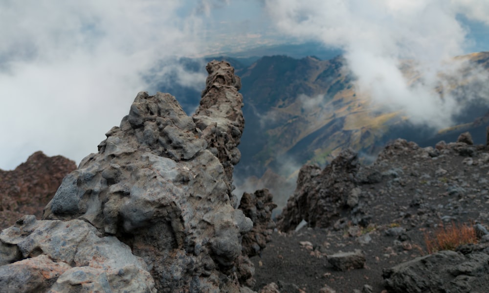 a rocky area with a mountain in the background