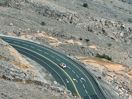 A driver enjoying a thrilling drive on a winding mountain road.