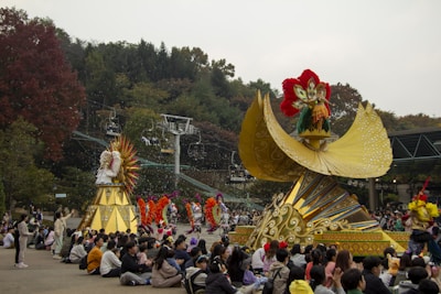 A scenic view of a local parade with floats and participants.