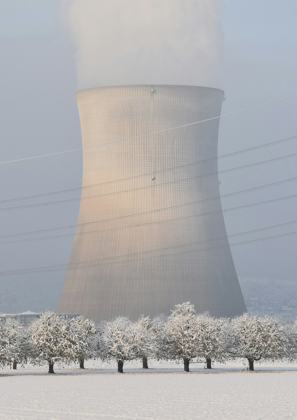 a nuclear power plant surrounded by snow covered trees