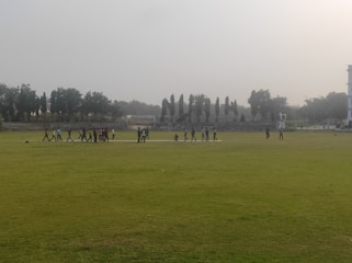 A group of fans watching a cricket match while discussing player performances.
