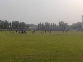 A group of people is gathered on a cricket pitch in a large, open green field. The field appears to be a sports ground with a few trees and a tall building visible in the background. The sky is overcast, casting a muted light over the scene.