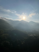 Peaceful Himalayan mountain landscape with soft morning light and green herbal plants in foreground.