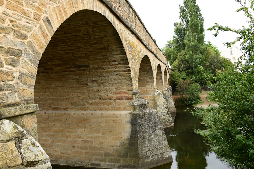 a stone bridge over a river with trees in the background