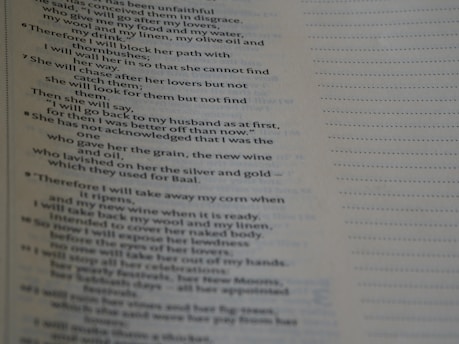 A close-up of a page from a book featuring text with religious or poetic content. The text is presented in a clear, serif font, and the page has a light beige background. The text includes verse numbers and appears to be structured in poetic lines.