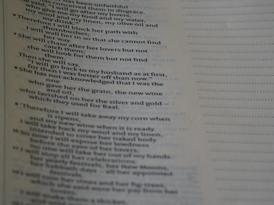 A close-up of a page from a book featuring text with religious or poetic content. The text is presented in a clear, serif font, and the page has a light beige background. The text includes verse numbers and appears to be structured in poetic lines.