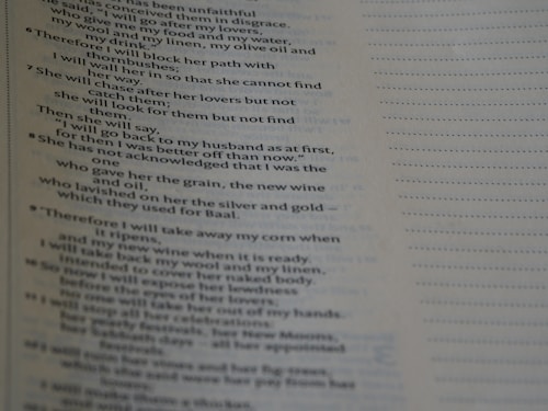A close-up of a page from a book featuring text with religious or poetic content. The text is presented in a clear, serif font, and the page has a light beige background. The text includes verse numbers and appears to be structured in poetic lines.