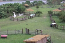 A serene outdoor setting with a grassy field enclosed by wooden fences. There are several thatch-roofed structures and a penned area with a large cutout of a duck. Trees and shrubs are scattered throughout the landscape, and a river is visible in the distance. A red wagon is positioned on the left side and there are some signs with text in an Asian script.