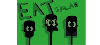 Three stylized, minimalistic faces are depicted in black and green tones. The background is primarily green, with the word 'EAT' prominently featured in large letters and the word 'SALAD' written above the heads. The central face is wearing glasses, while the other two display large, simplified eyes.