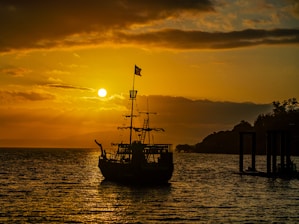 A calm sea with a rescue ship silhouette at sunset, symbolizing hope and safety.