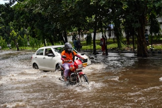 A flooded street with a person wearing a helmet riding a red motorcycle through the water, while a white car is partially submerged. Trees line the road, and a few pedestrians appear to be walking cautiously along the sidewalk.