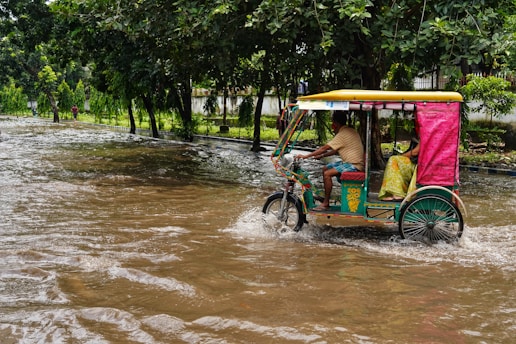 A colorful rickshaw is moving through a flooded street, with water splashing around its wheels. The driver is wearing casual clothes, and a passenger is seated in the back. The street is lined with lush green trees, and in the background, there is a person walking along the road amidst the greenery.
