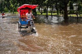 A cycle rickshaw navigates through a flooded street, with a rider wearing sunglasses and casual clothing. The canopy of the rickshaw is red, and the vehicle's body is primarily blue. In the background, another motorbike is seen also traveling through the water. The street is lined with trees, and the water reflects the greenery and surroundings.