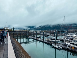 A marina with several docked boats and yachts, surrounded by calm water. A large cruise ship is visible in the background next to a wooded mountain range. On the left, a small group of people walk along a waterfront promenade. The sky is overcast, with low clouds partially covering the mountains.