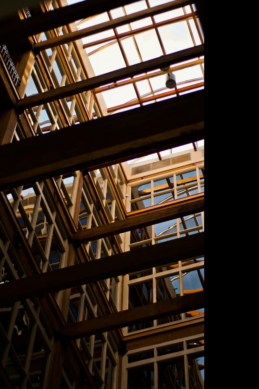 a view of the inside of a building from below