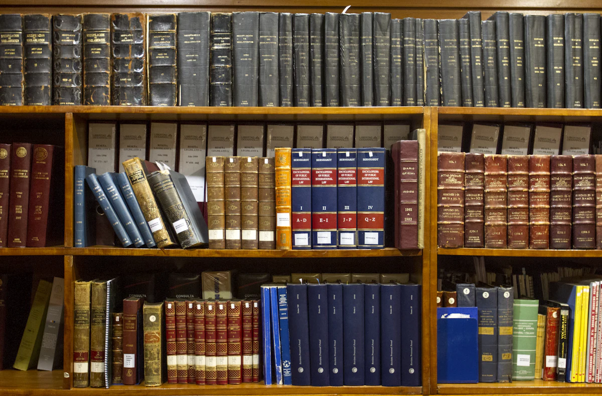 A quiet law library with rows of legal texts