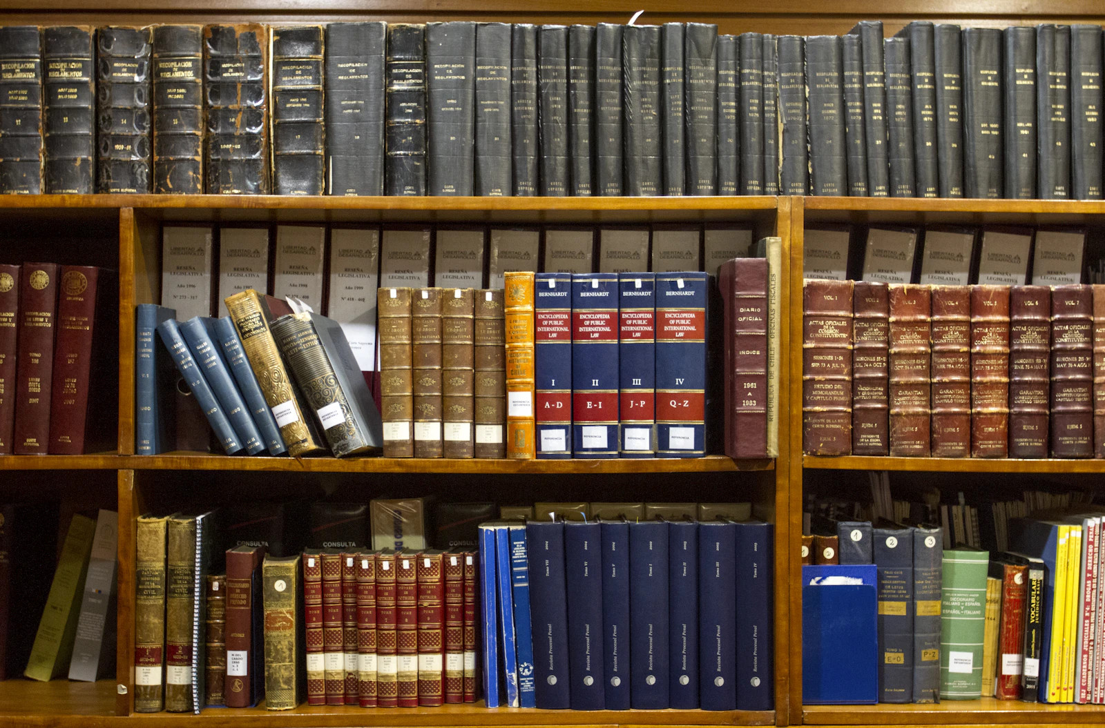 Wooden shelving stacked with ordered rows of reference books