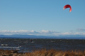 A kiteboarder is gliding over the water, holding onto a bright red kite. The scene is set against a backdrop of a vast body of water with gentle waves. The horizon features mountainous terrain under a clear blue sky with some fluffy, white clouds. In the foreground, dry grass can be seen at the edge of the shore.