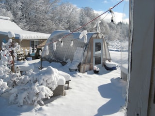 A snowy landscape with a greenhouse covered in snow, surrounded by snow-laden trees and a cloudy blue sky. Snow blankets the ground and all visible surfaces, including rooftops and branches. Icicles hang from a wire strung across the scene.