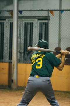 A baseball player is standing ready to bat, wearing a green jersey with the name 'Abraham' and the number 73. The setting appears to be an outdoor field with a chain-link fence in the background, along with some colorful triangular flags.
