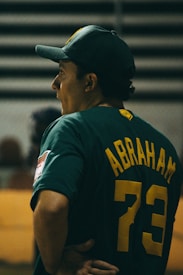 A person wearing a green baseball jersey and cap is seen from the back. The jersey has the name 'Abraham' and the number '73' printed in yellow. The background appears to be an indoor setting with blurred horizontal lines, suggesting a sports environment.
