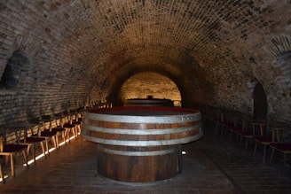A dimly lit, arched brick cellar with a large wooden barrel in the center. The room features rows of wooden chairs with red cushions lining both sides and an arched ceiling that enhances the echoing space.