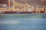 A large container ship labeled 'ARKAS' is docked at a busy port. Cranes are lined up along the dock, surrounded by numerous shipping containers. In the foreground, the sea is calm with a flock of birds flying just above the water's surface. Industrial buildings and hills can be seen in the background, accompanied by smokestacks.