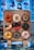 A variety of nine colorful and creatively decorated donuts are displayed on a wooden board, each with distinct toppings and designs, set against a backdrop of illustrated menu items on a screen.