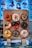 A variety of nine colorful and creatively decorated donuts are displayed on a wooden board, each with distinct toppings and designs, set against a backdrop of illustrated menu items on a screen.