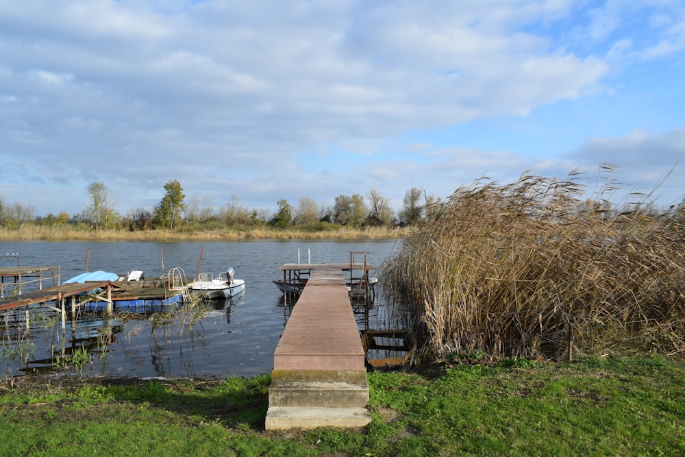 Un muelle en un lago con botes en el agua