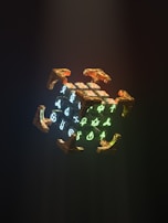 Animated robot mascot juggling glowing neon cubes in a dark cyberpunk setting.