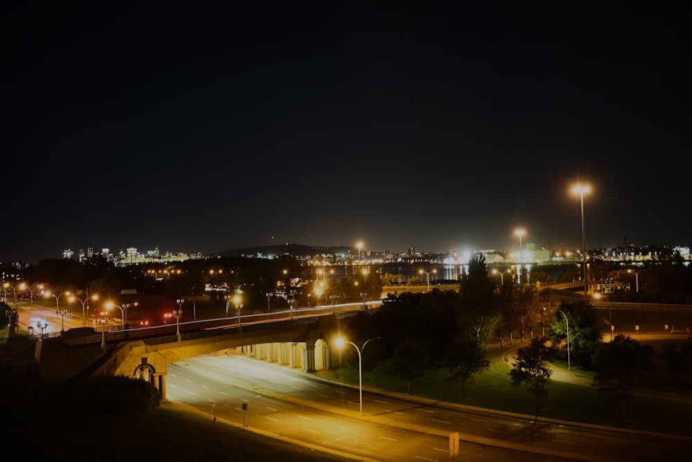 a night time view of a city with lights