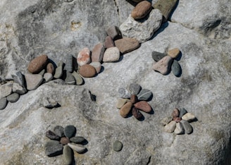 Several small rocks and pebbles are artistically arranged on a larger flat rock surface to resemble flowers. The rocks vary in color, ranging from browns and grays to beige and reddish tones, and are placed meticulously to create a patterned effect.
