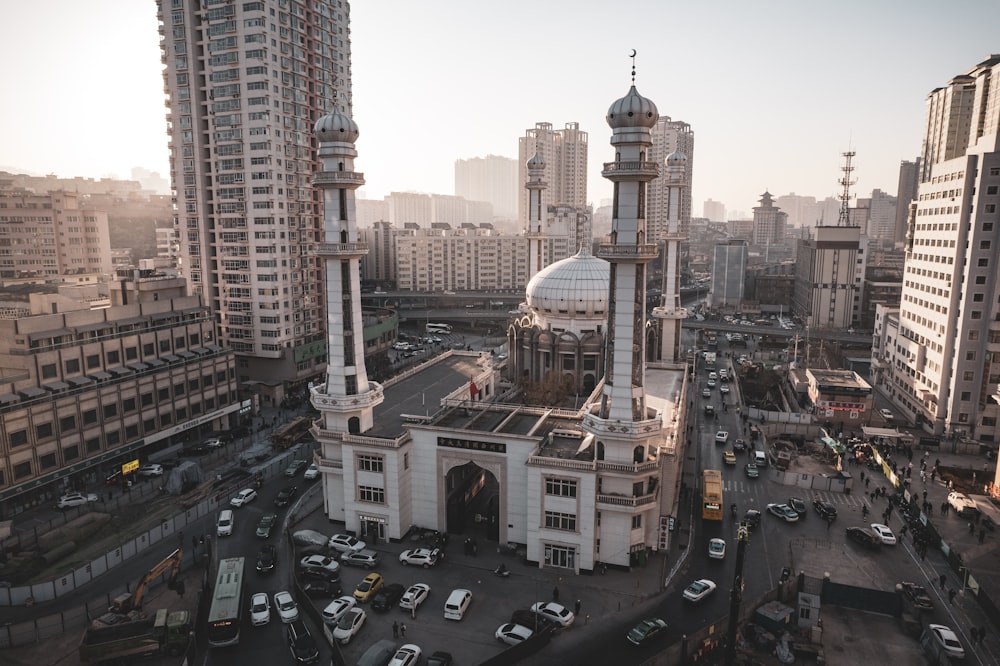 an aerial view of a city with tall buildings