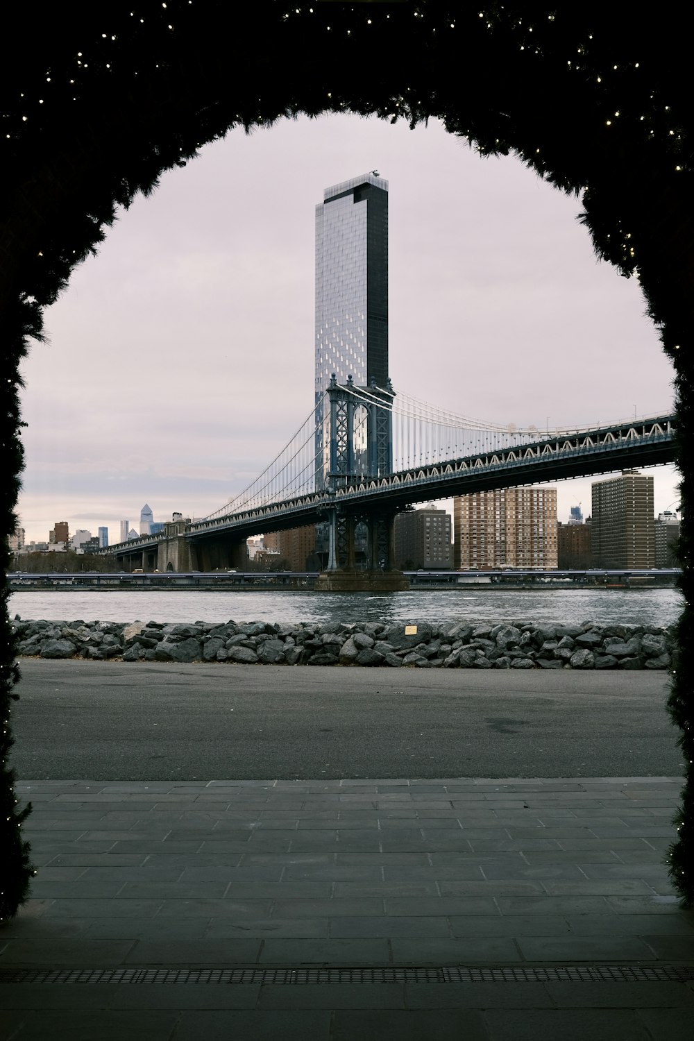 a view of a bridge from across the street
