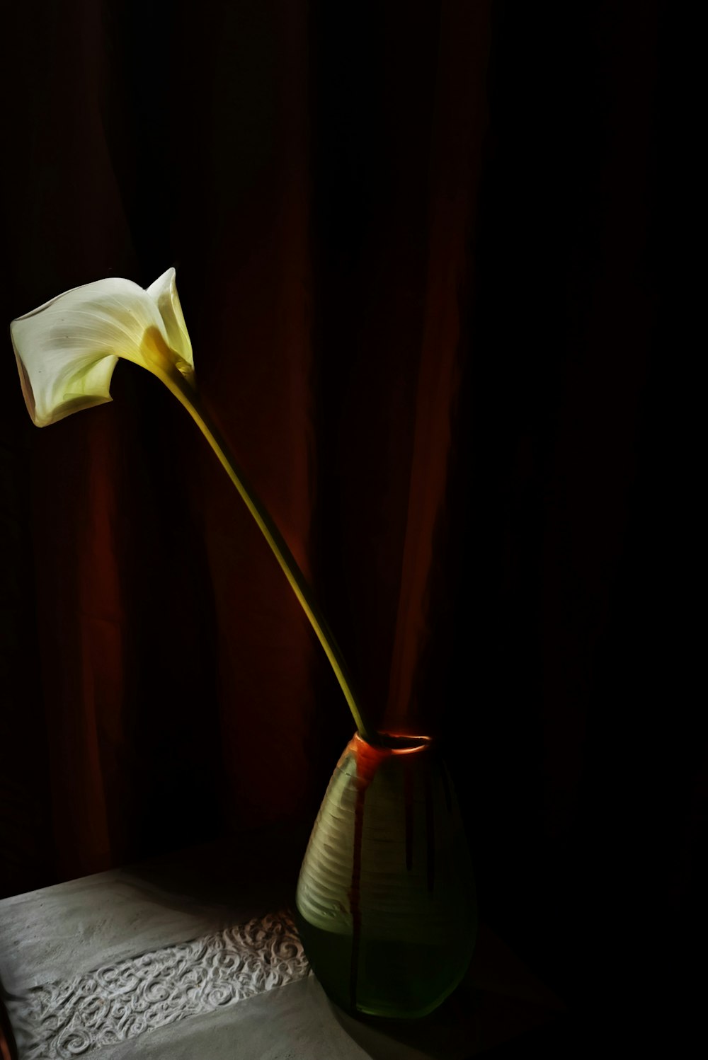 a white flower in a vase on a table