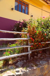 A rustic wooden fence framing a garden with colorful flowers and neatly pruned bushes.