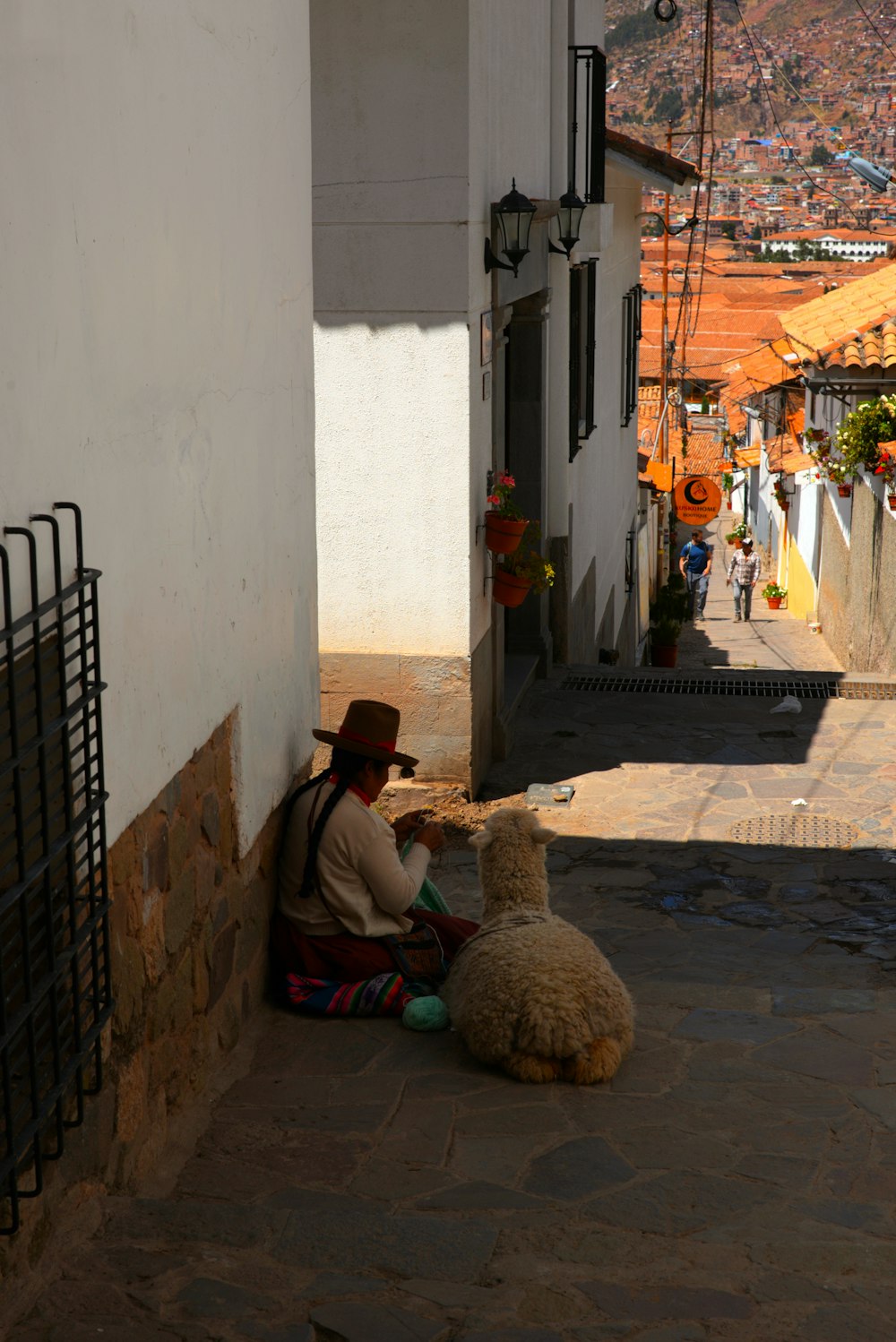 a man sitting on the ground next to a sheep