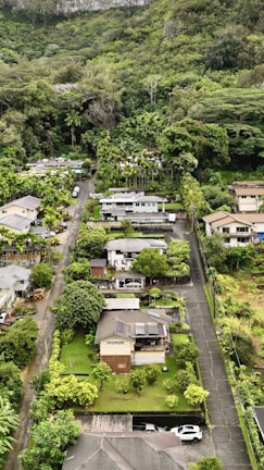 Aerial view of a residential neighborhood with green spaces.