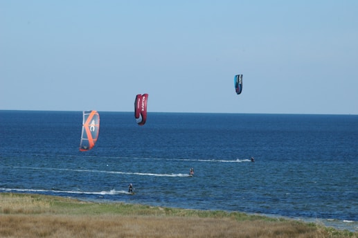 Three kitesurfers are seen gliding over the ocean with colorful kites flying high in the air. The sea stretches into the horizon, and the foreground displays a strip of grassy land.