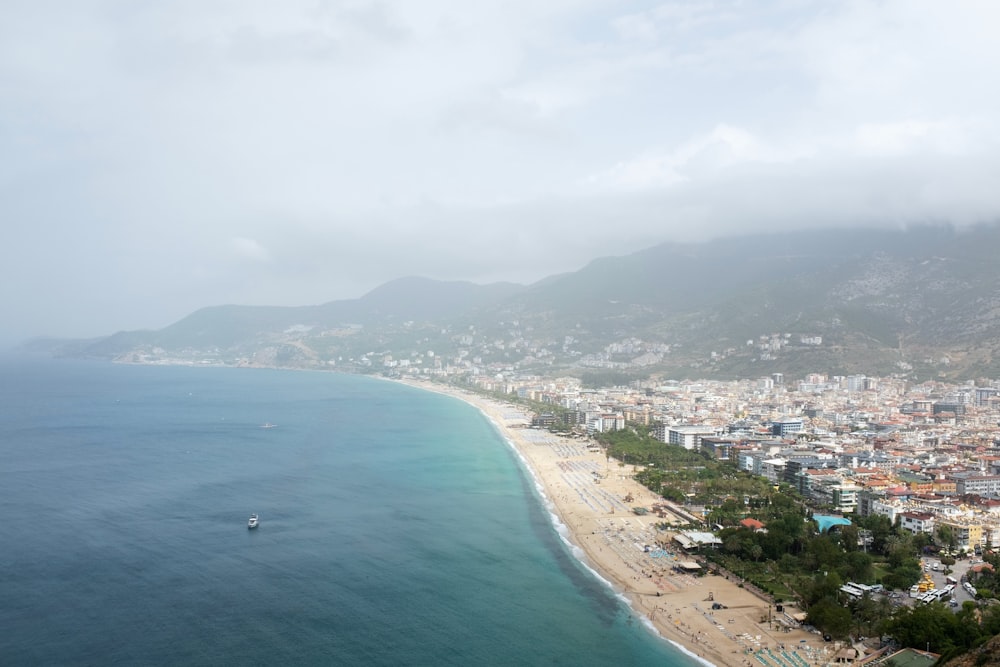 a view of a beach with a city in the background