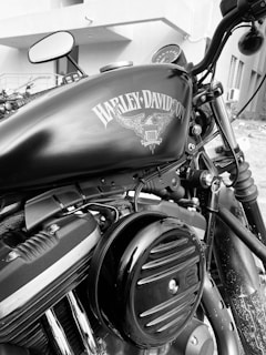 A close-up view of a Harley-Davidson motorcycle, focusing on the gas tank and engine details. The motorcycle logo is prominently displayed on the tank, alongside intricate design elements. The image is in black and white, highlighting the metallic and mechanical aspects of the motorcycle.